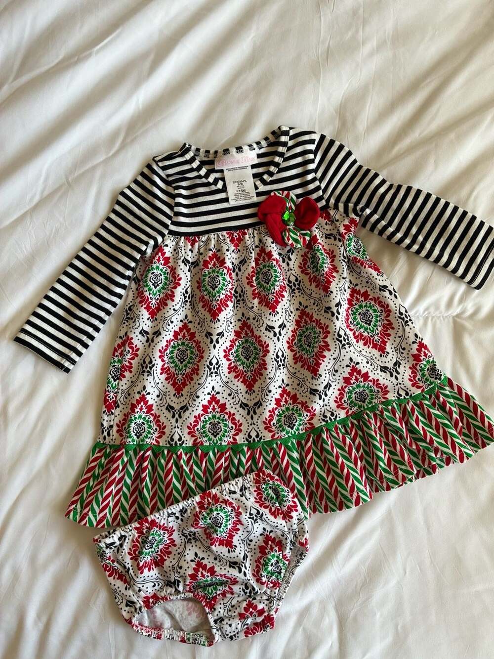 Bonnie Baby Girls 18M Christmas Candy Cane Mixed Print Dress and Bloomers Set